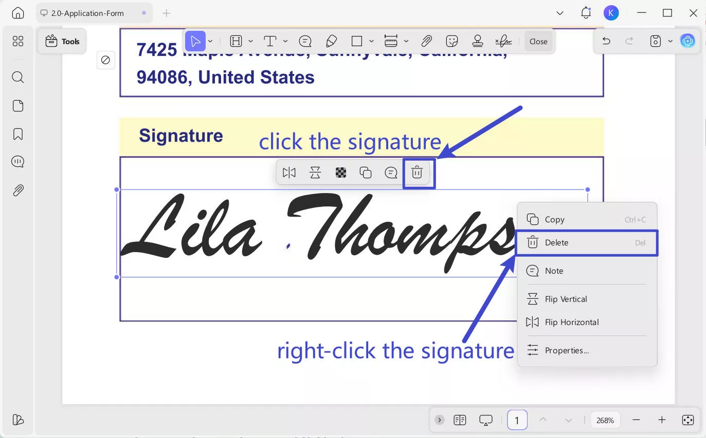 delete the signature 1
