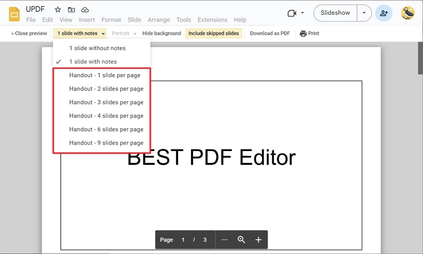 download presentation with slide per page customization in google slides
