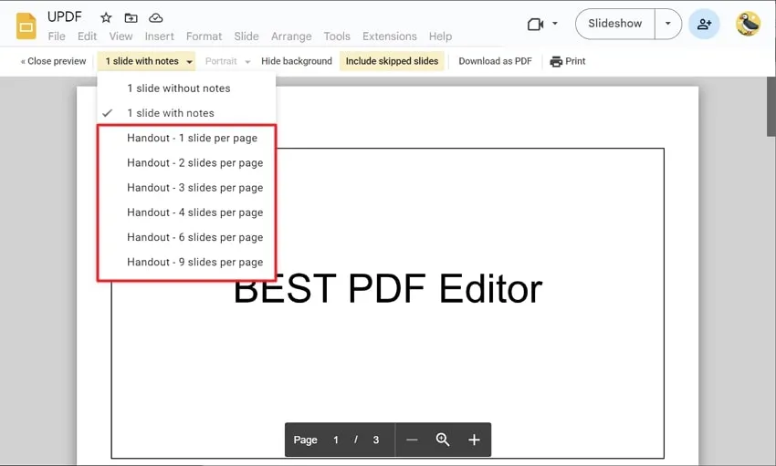 download presentation with slide per page customization in google slides
