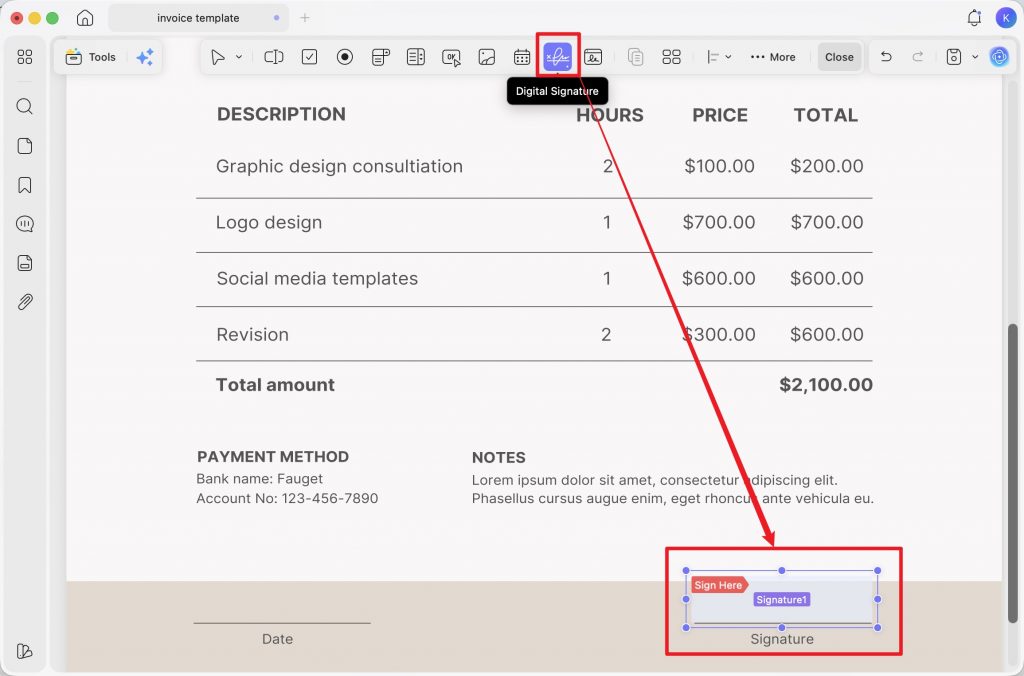 draw a rectangle where the digital signature should go