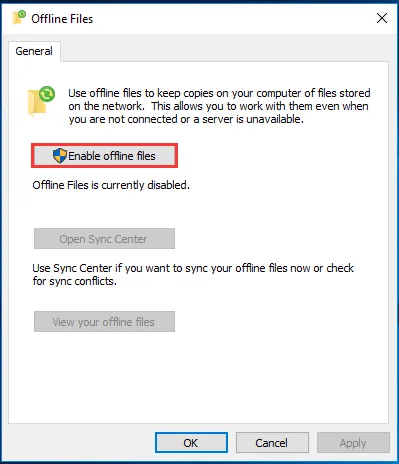 Enable offline files button on Windows