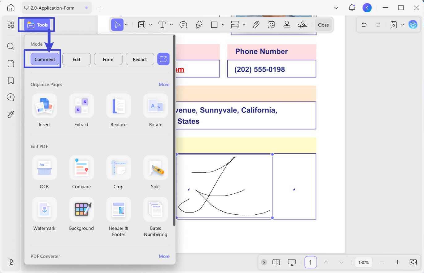 enter comment mode to remove handwritten signature