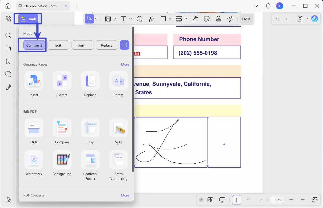 enter comment mode to remove handwritten signature