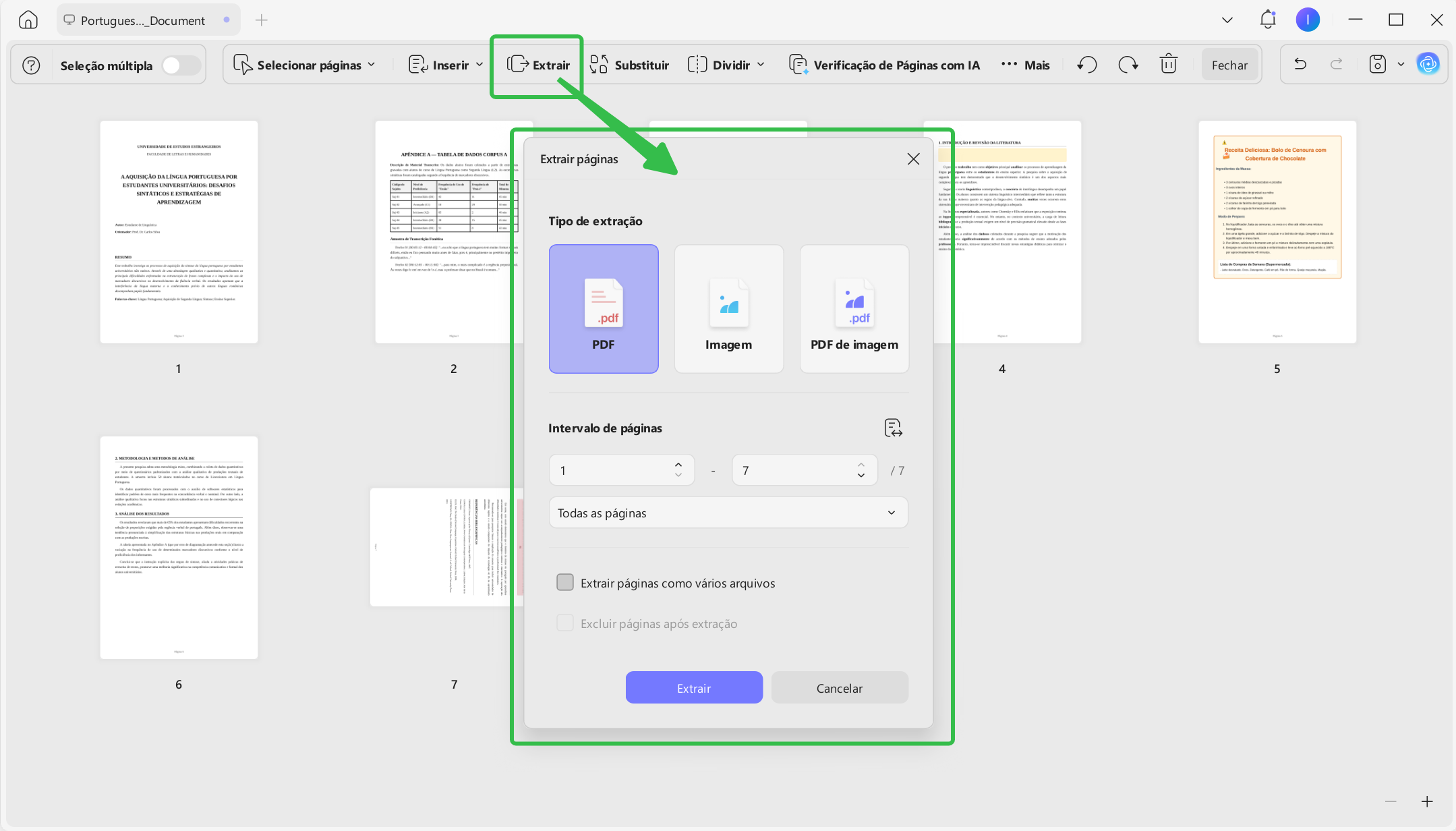 Extrair páginas de PDF com UPDF