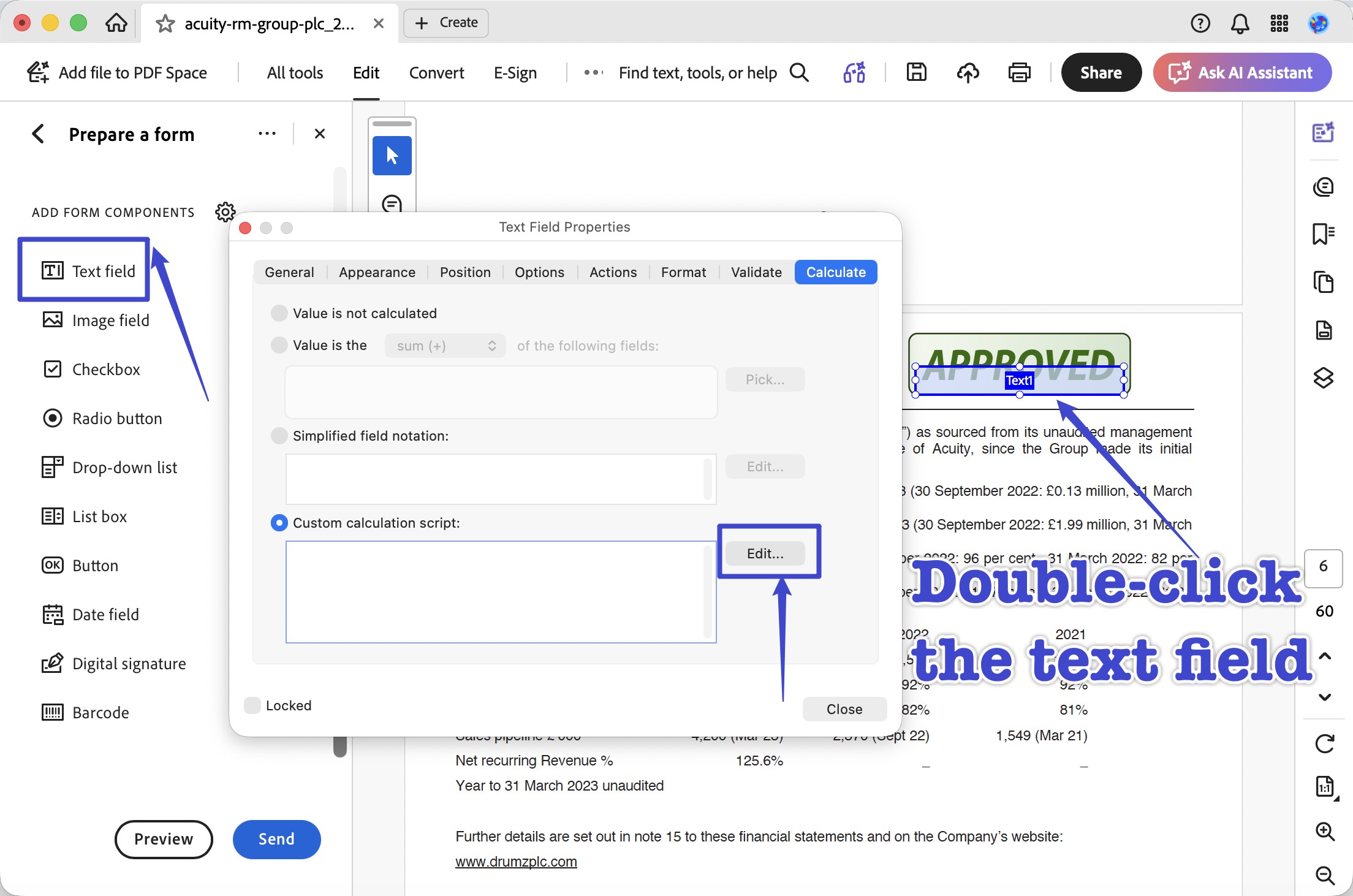 go to calculate tab in the text field properties