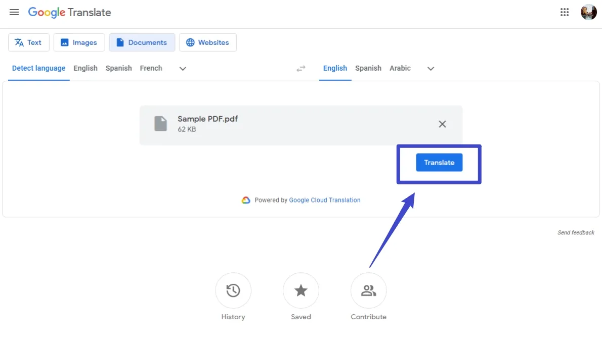 translate pdf from german to english click on translate button in google translate