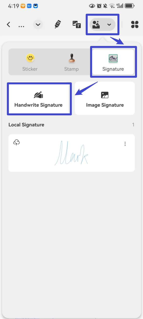 select handwrite signature option on updf for android