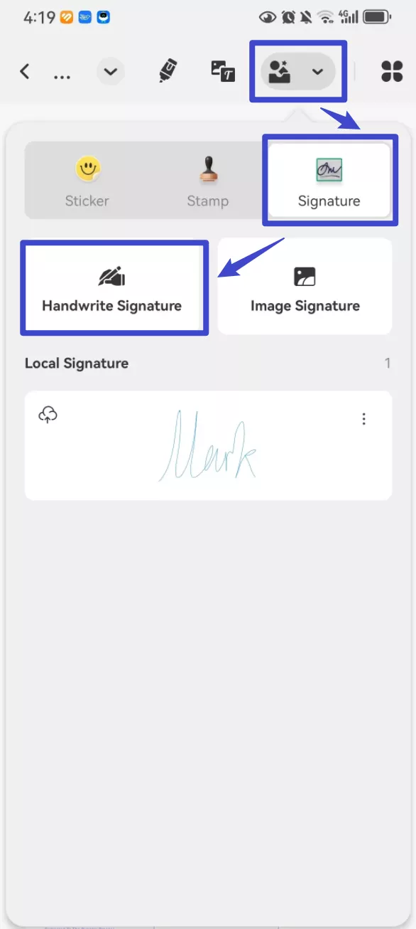 select handwrite signature option on updf for android
