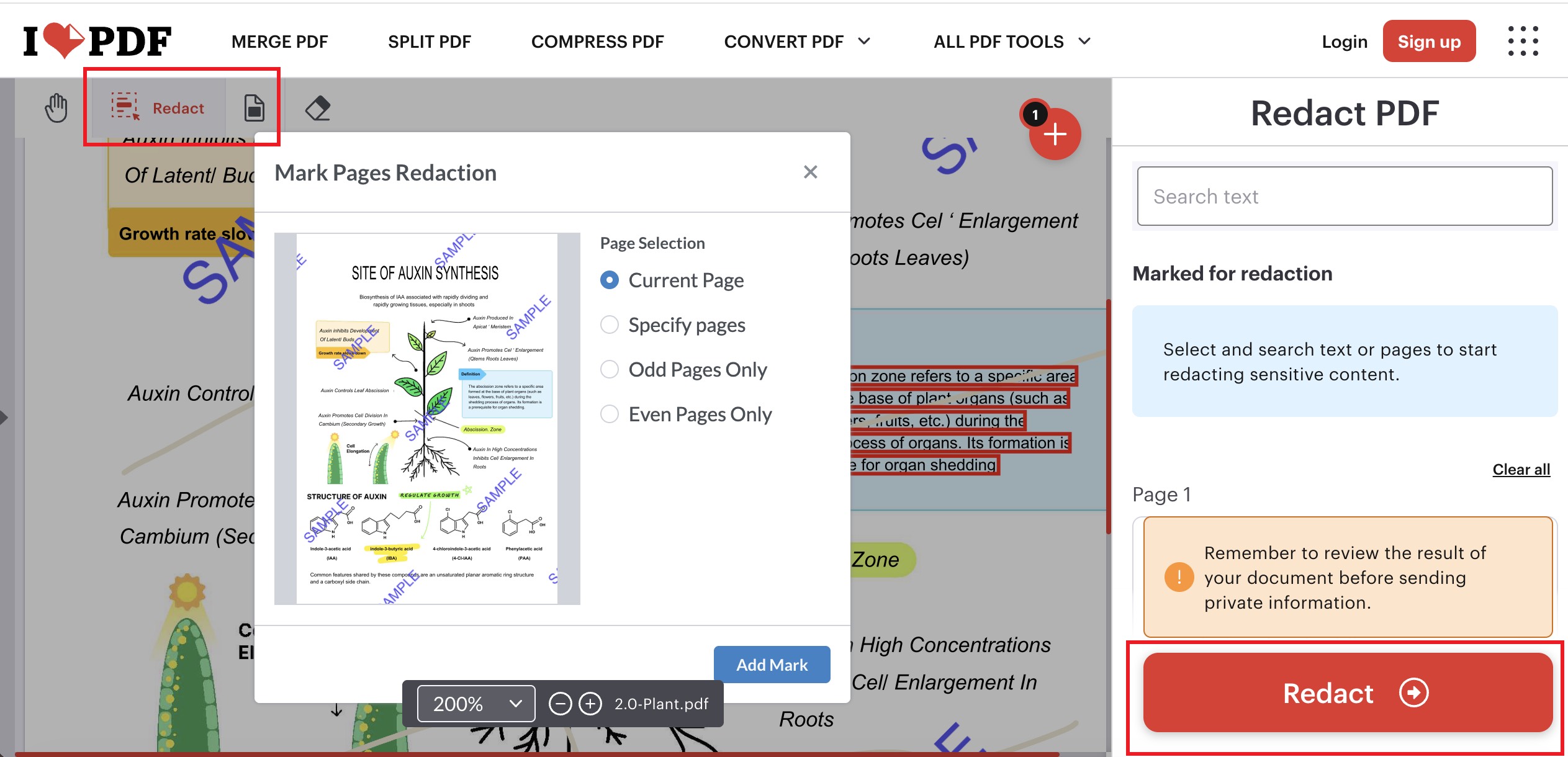 ilovepdf search for text or page redaction