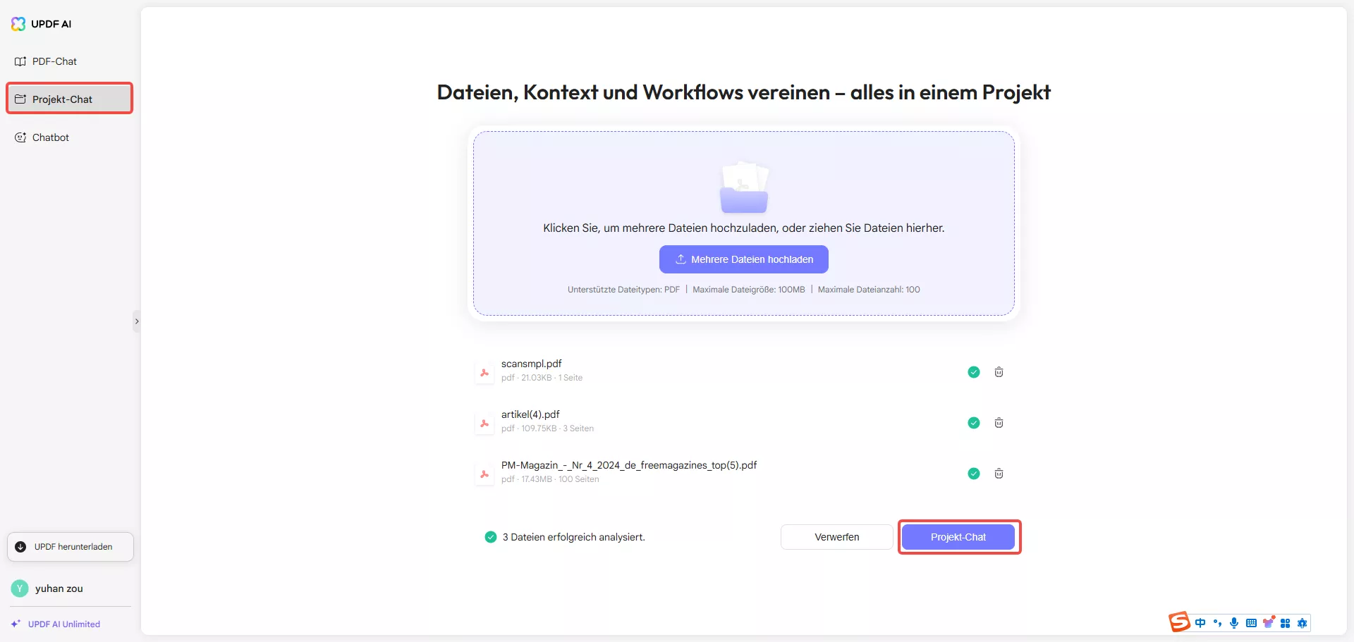 Mehrere PDFs mit Chat-Projekt übersetzen