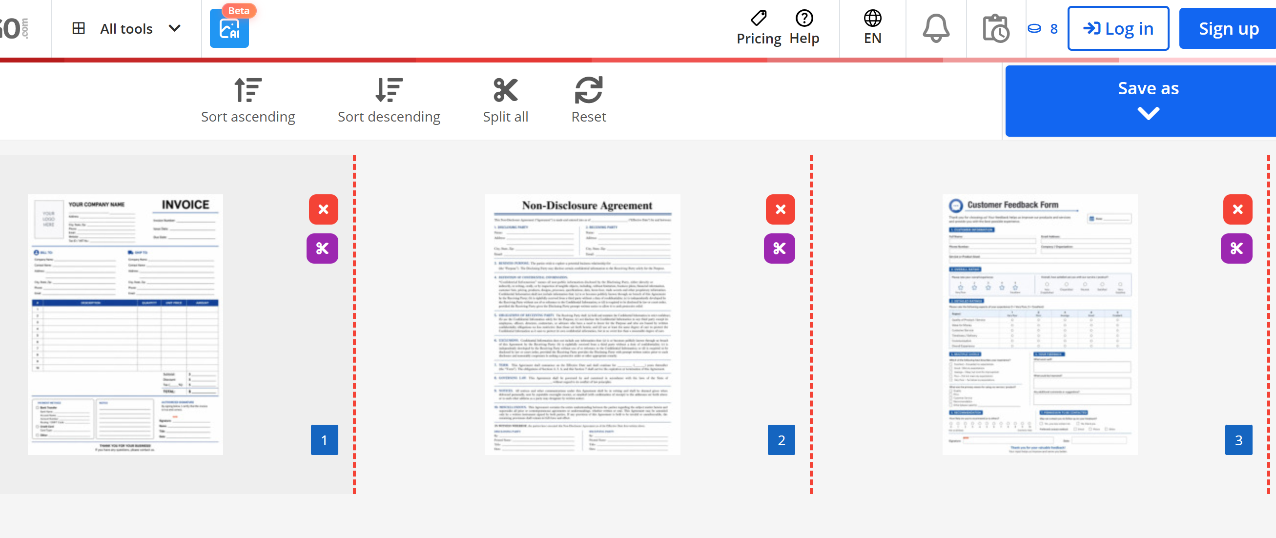 split pdf pages online with pdf2go