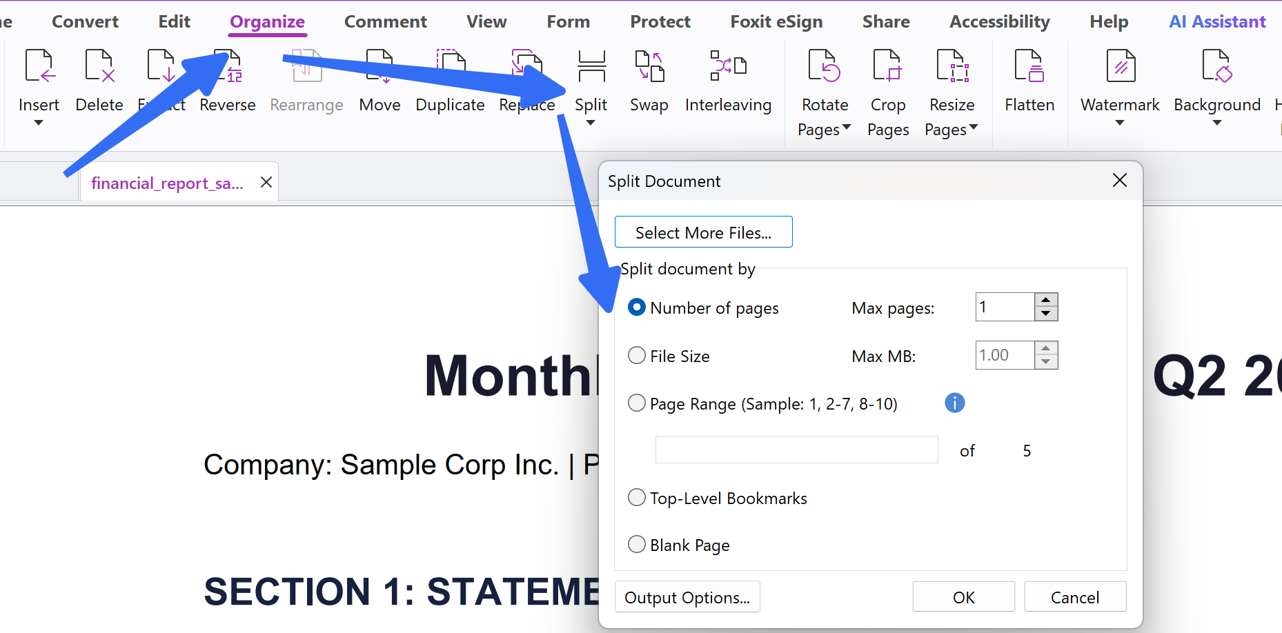 split pdf pages offline foxit