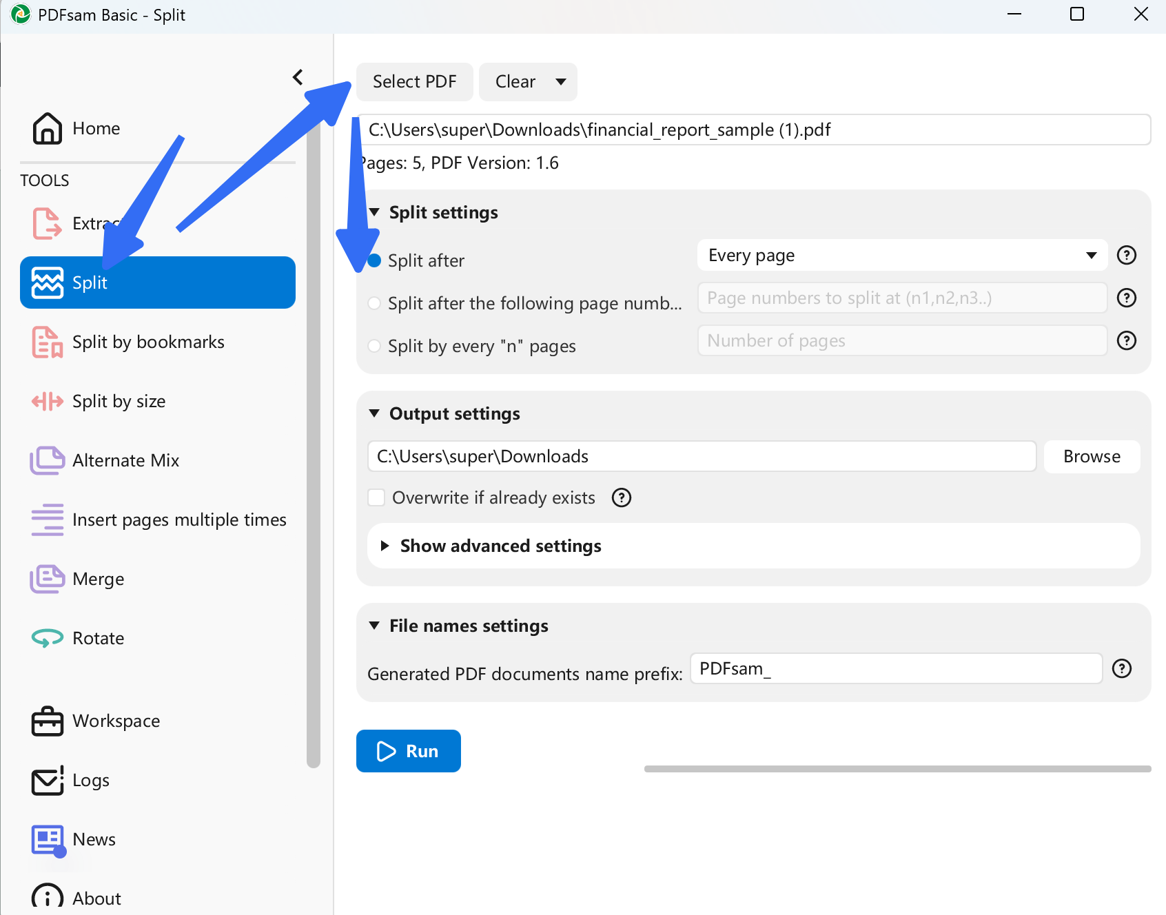 split pdf pages with pdfsam