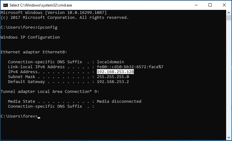 اكتب "ipconfig" في موجه الأوامر على نظام التشغيل Windows