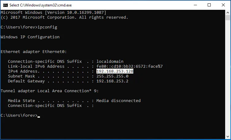 Write "ipconfig" in the command prompt on Windows