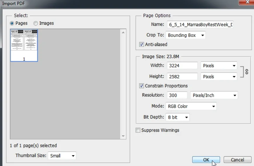 leave pdf importing options to default in photoshop