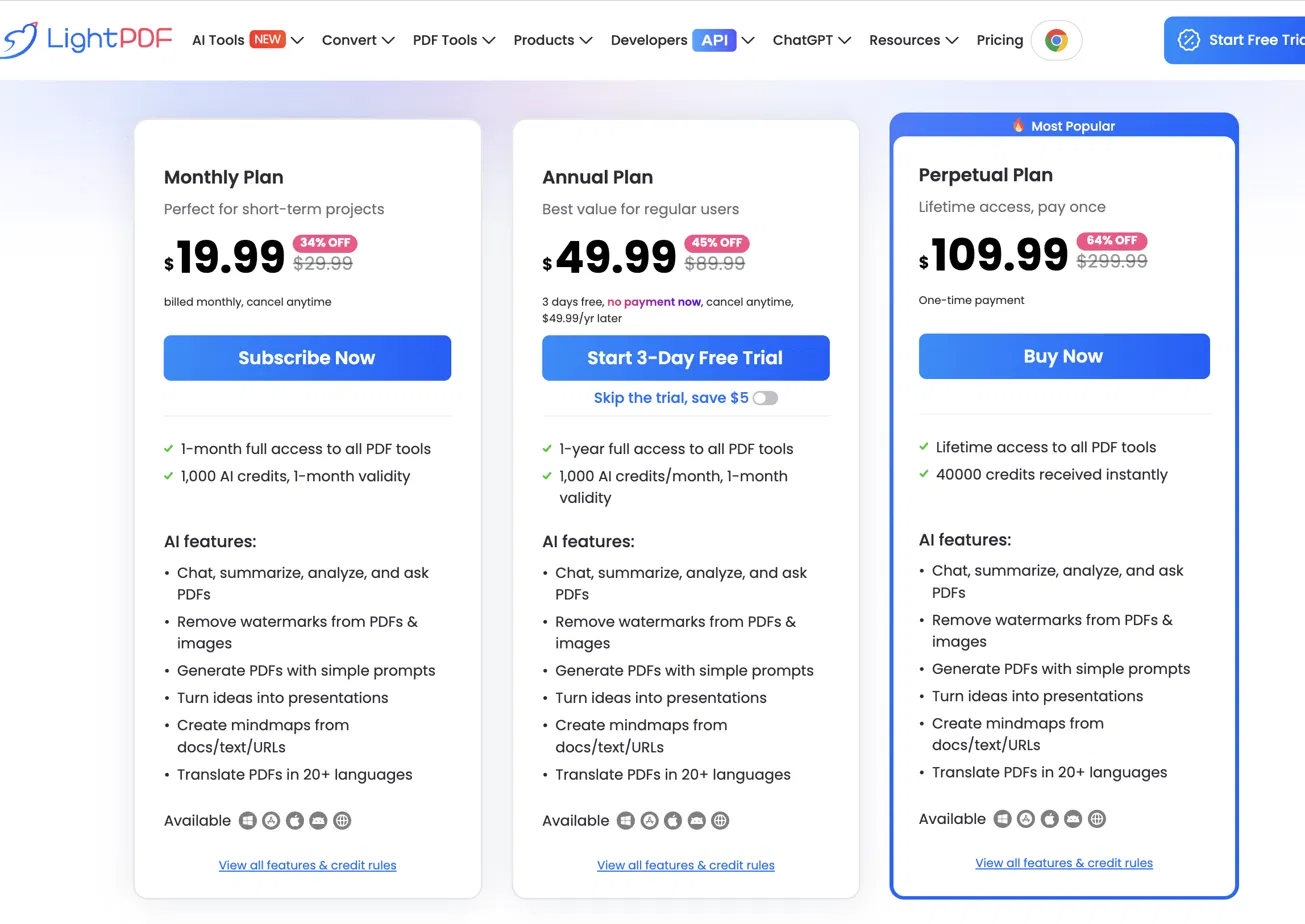 light pdf pricing plan 2026 07