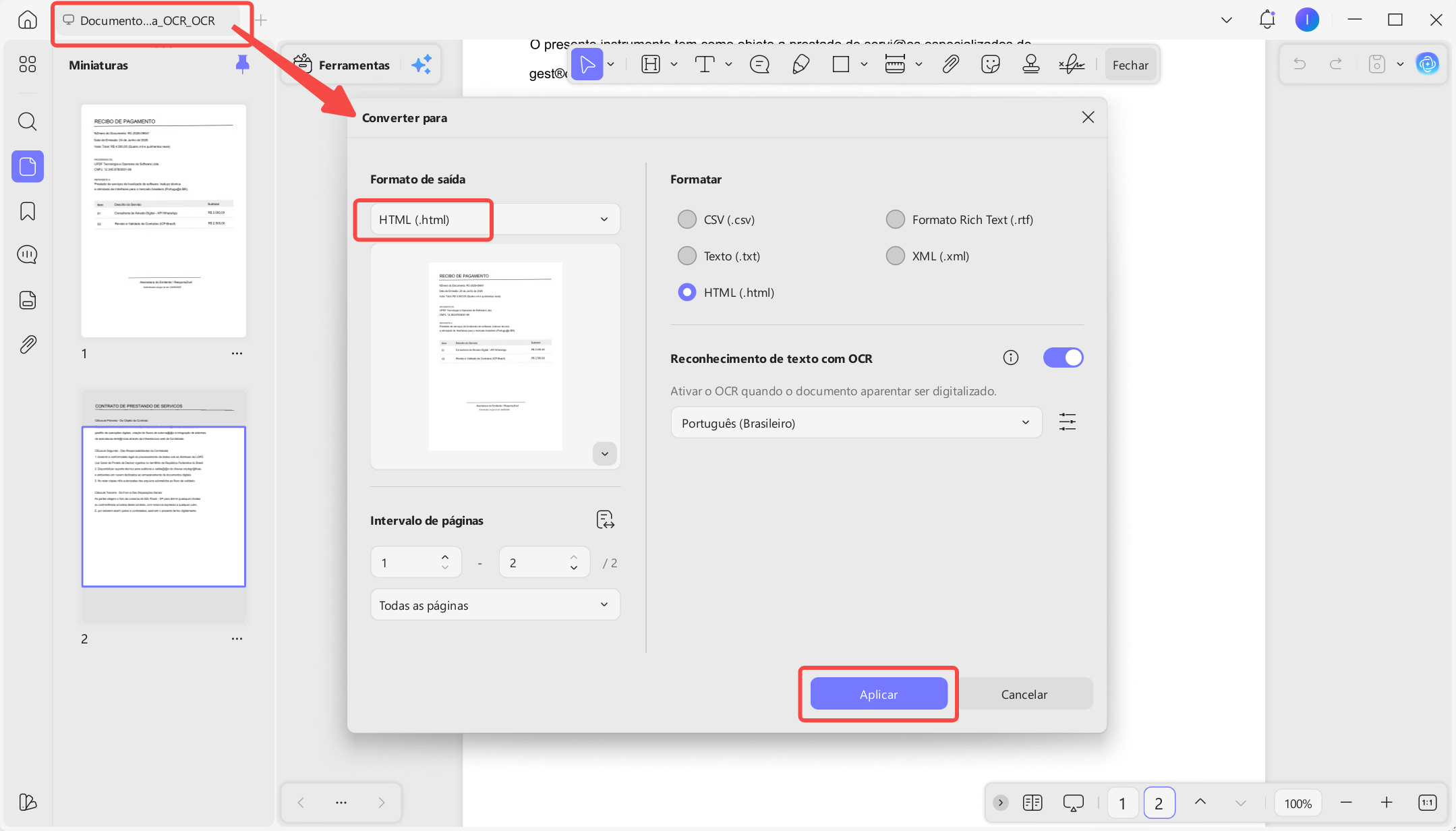 converter pdf reconhecido para HTML