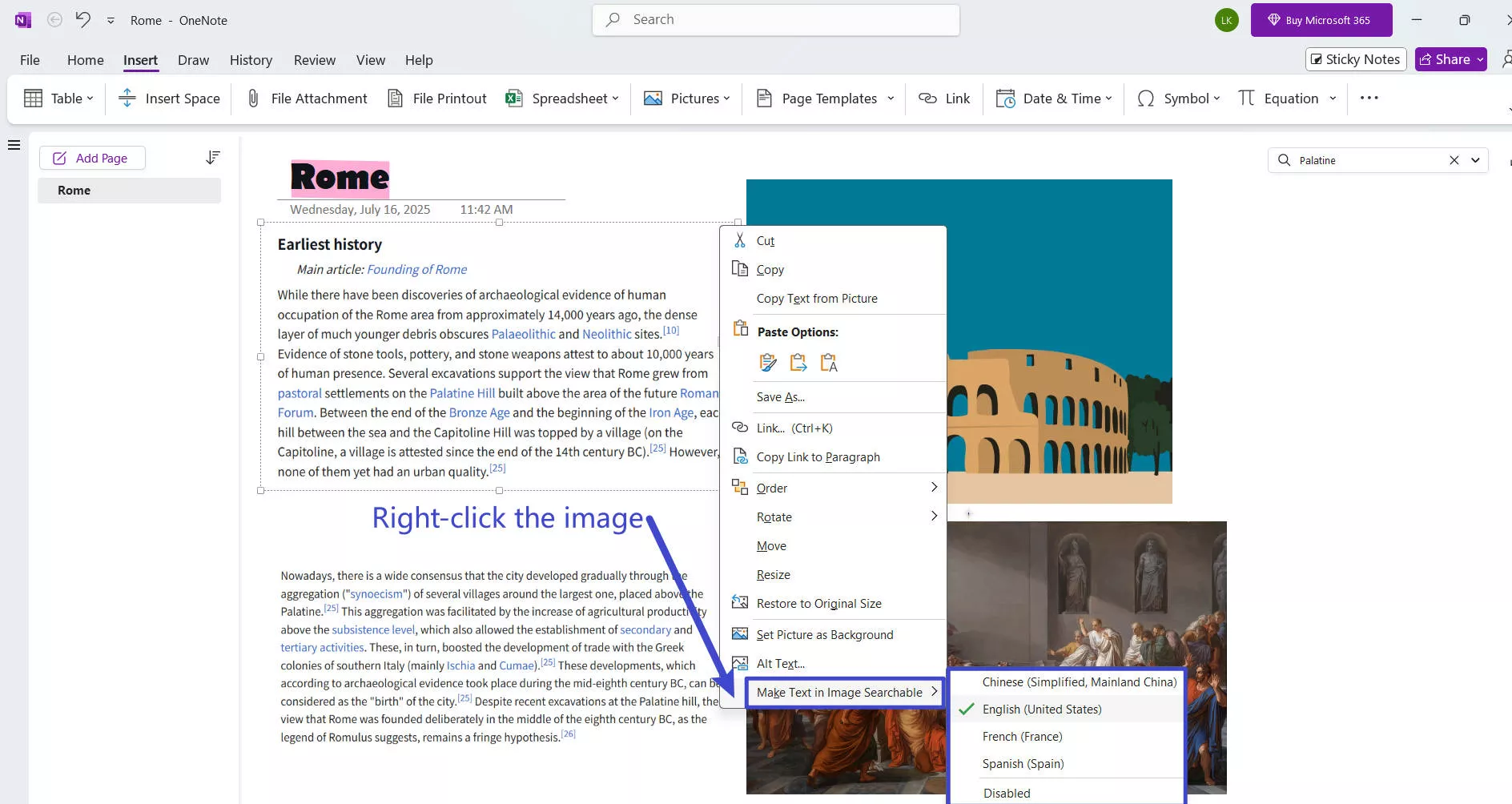 onenote make text in image searchable