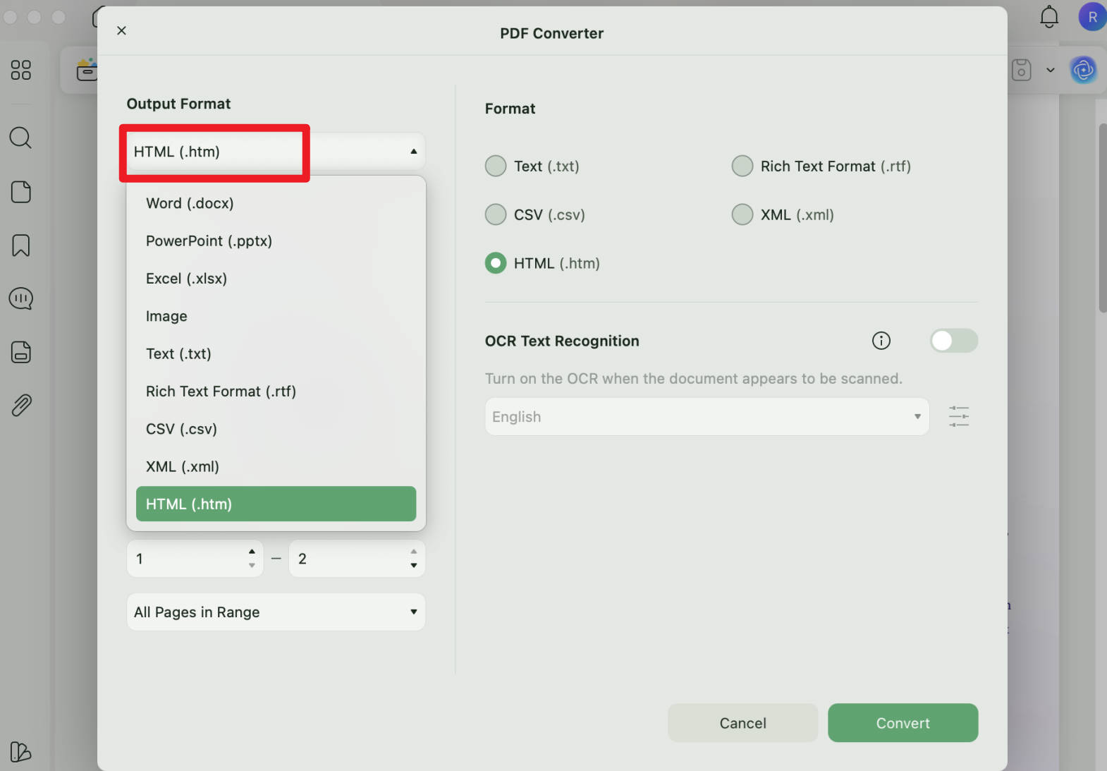 convert pdf to html on mac  export button