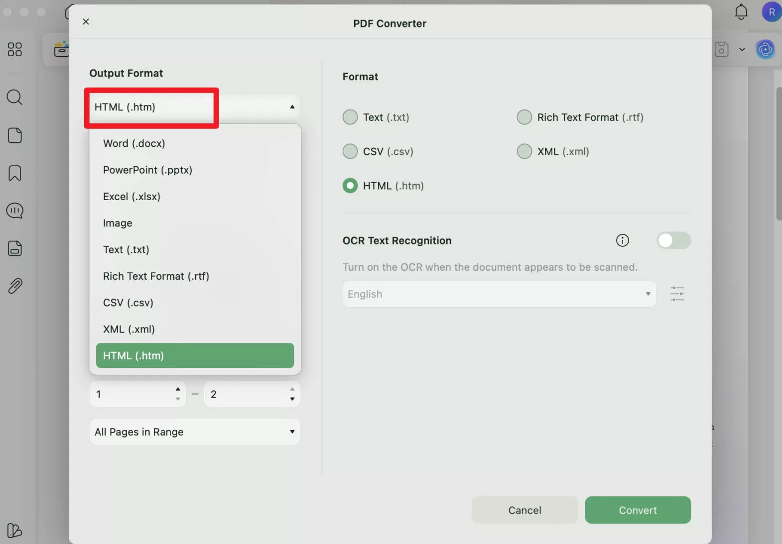 convert pdf to html on mac export button