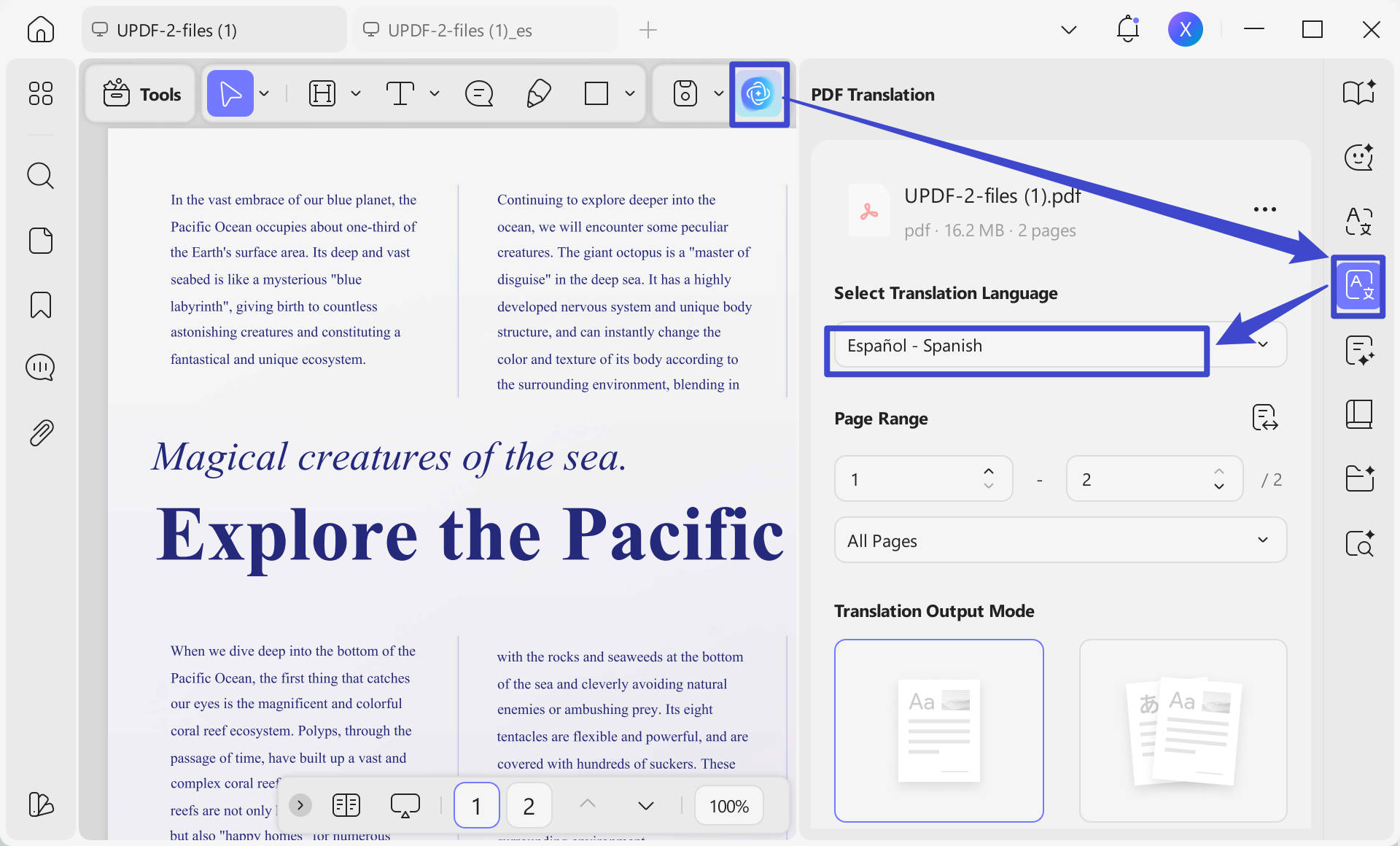 translate a PDF from Spanish to English using UPDF