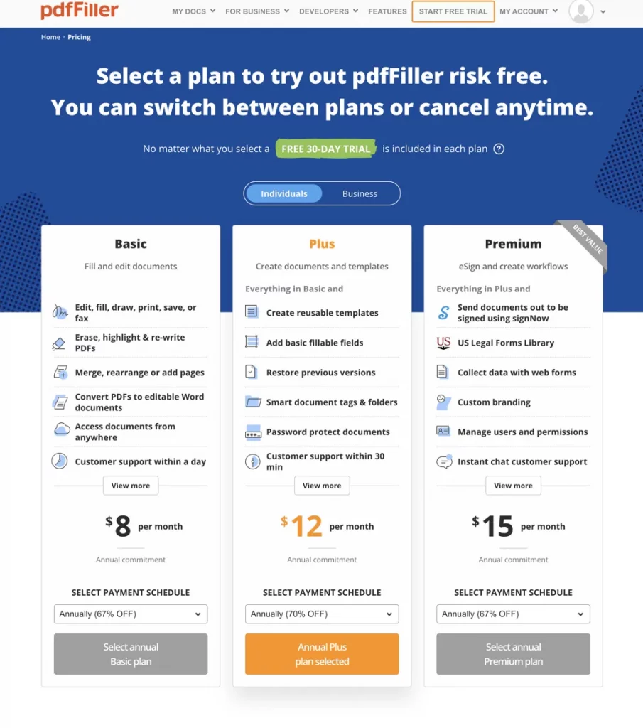 pdffiller pricing plans 2026 07