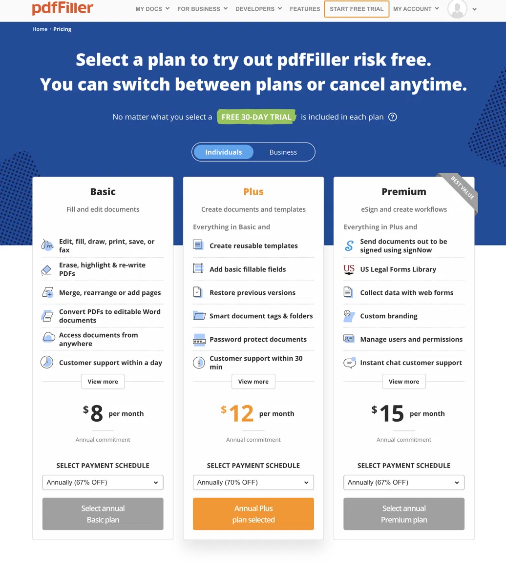 pdffiller pricing plans 2026 07