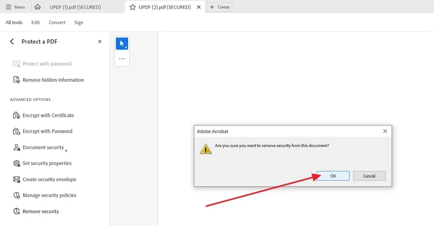 press ok to remove passdword from PDF in adobe acrobat