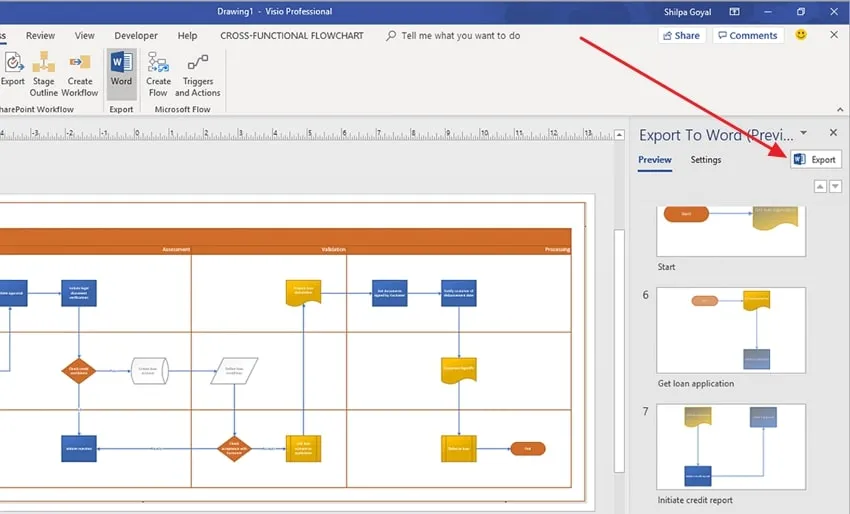 press the export button to convert microsoft visio to word
