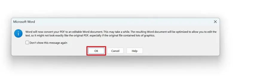 اضغط على زر موافق لفتح ملف pdf في Word