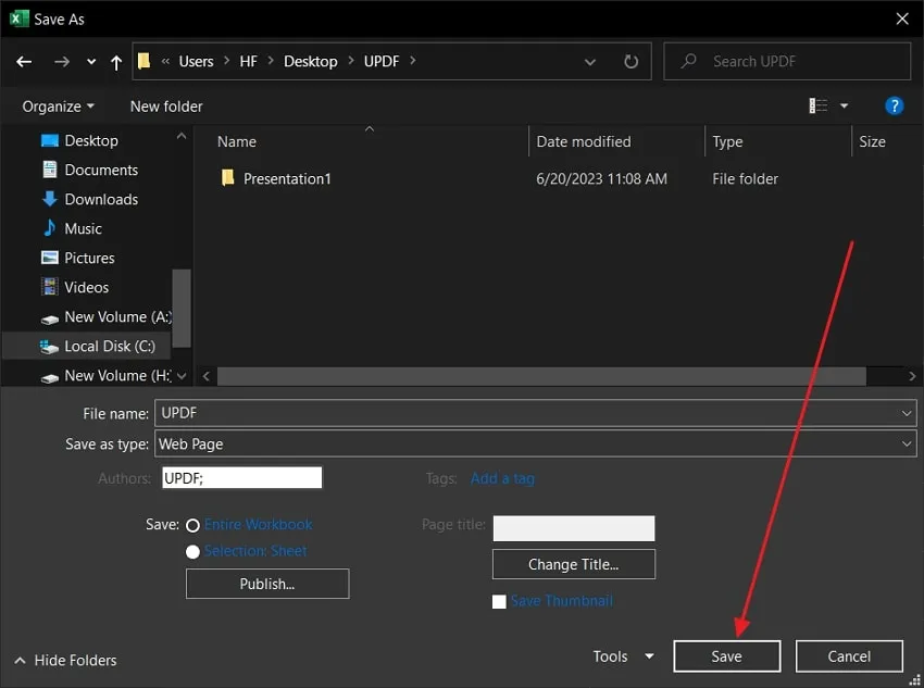 press the save button to convert excel to html in microsoft excel