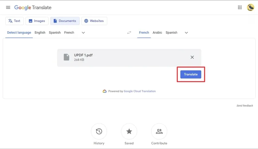press the translate button in google translate to translate english to french