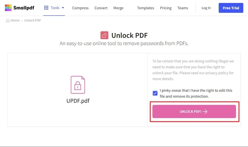 press the unlock pdf button in smallpdf