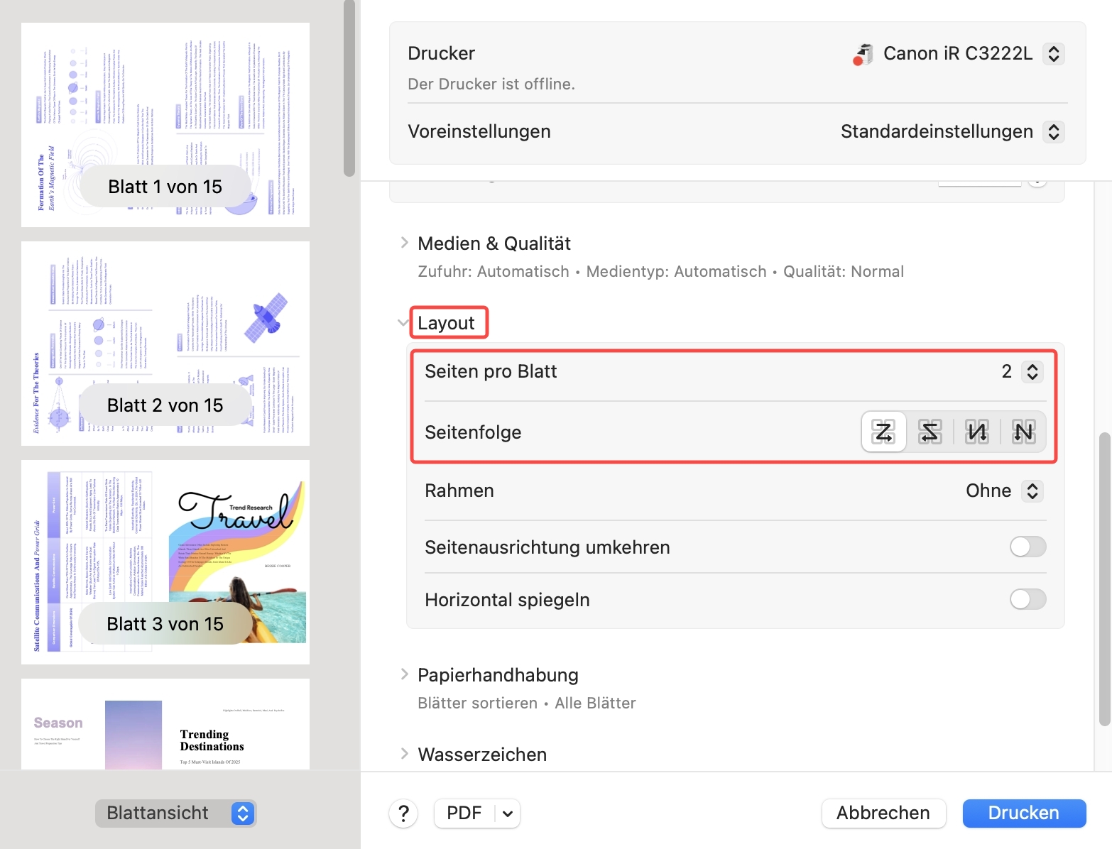 Seiten pro Blatt für den Druck auf UPDF Mac ändern