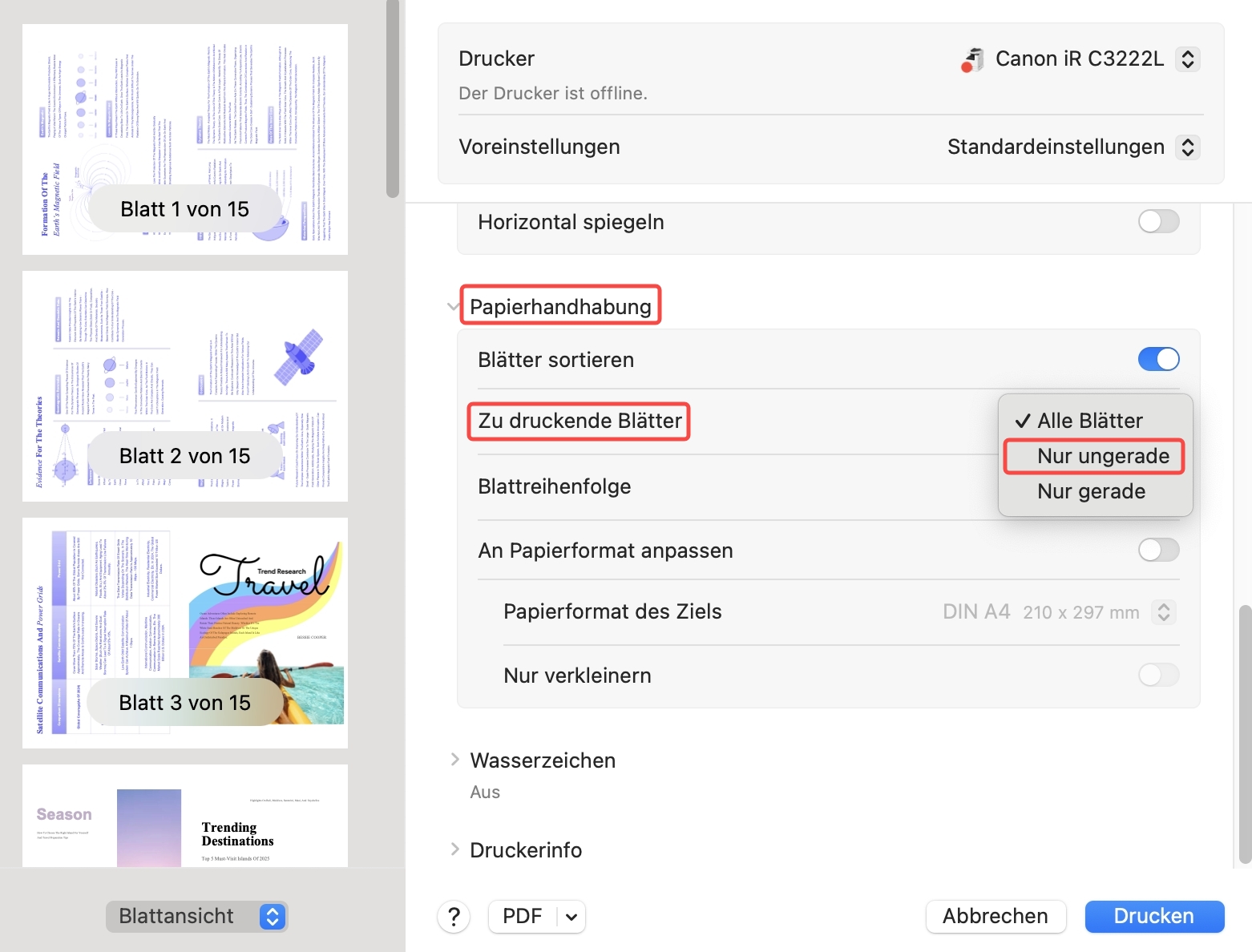 Ungerade Seiten in PDF auf Mac mit UPDF drucken