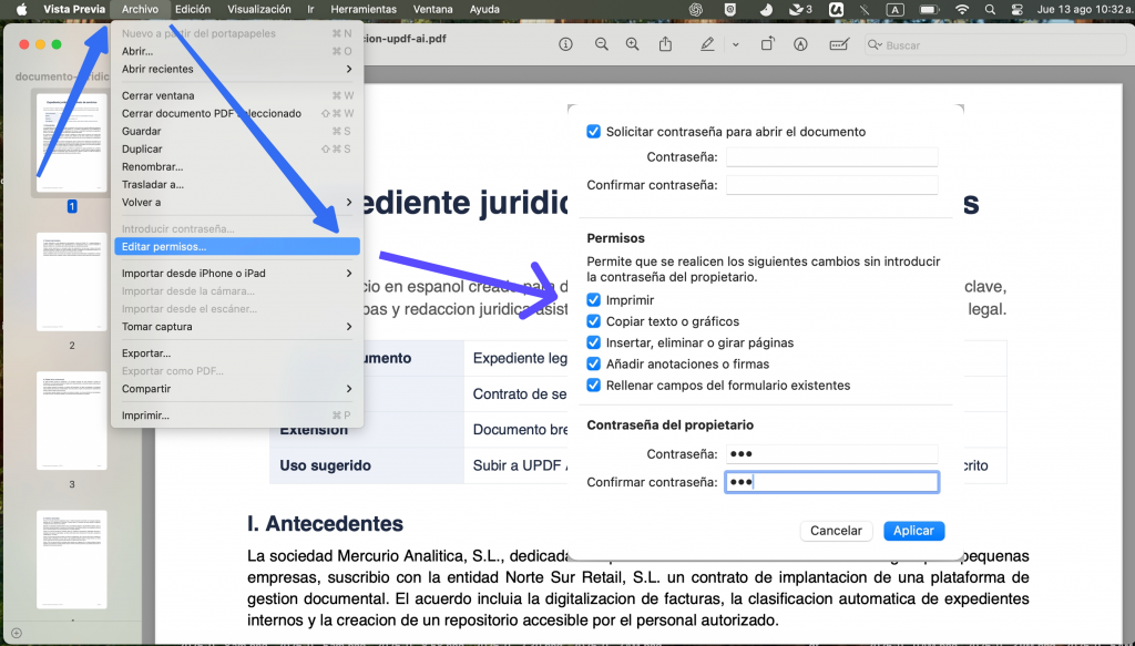 Configurar permisos de un PDF en Vista Previa para Mac