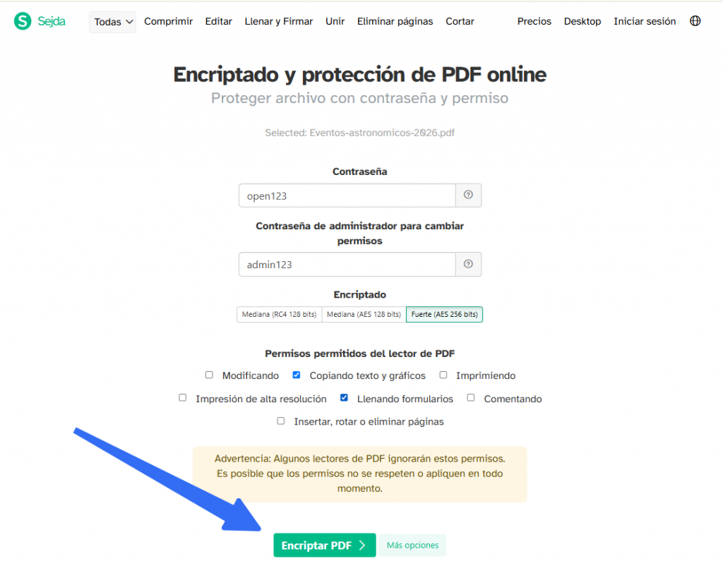 Añadir una contraseña de apertura o de permisos con una herramienta online