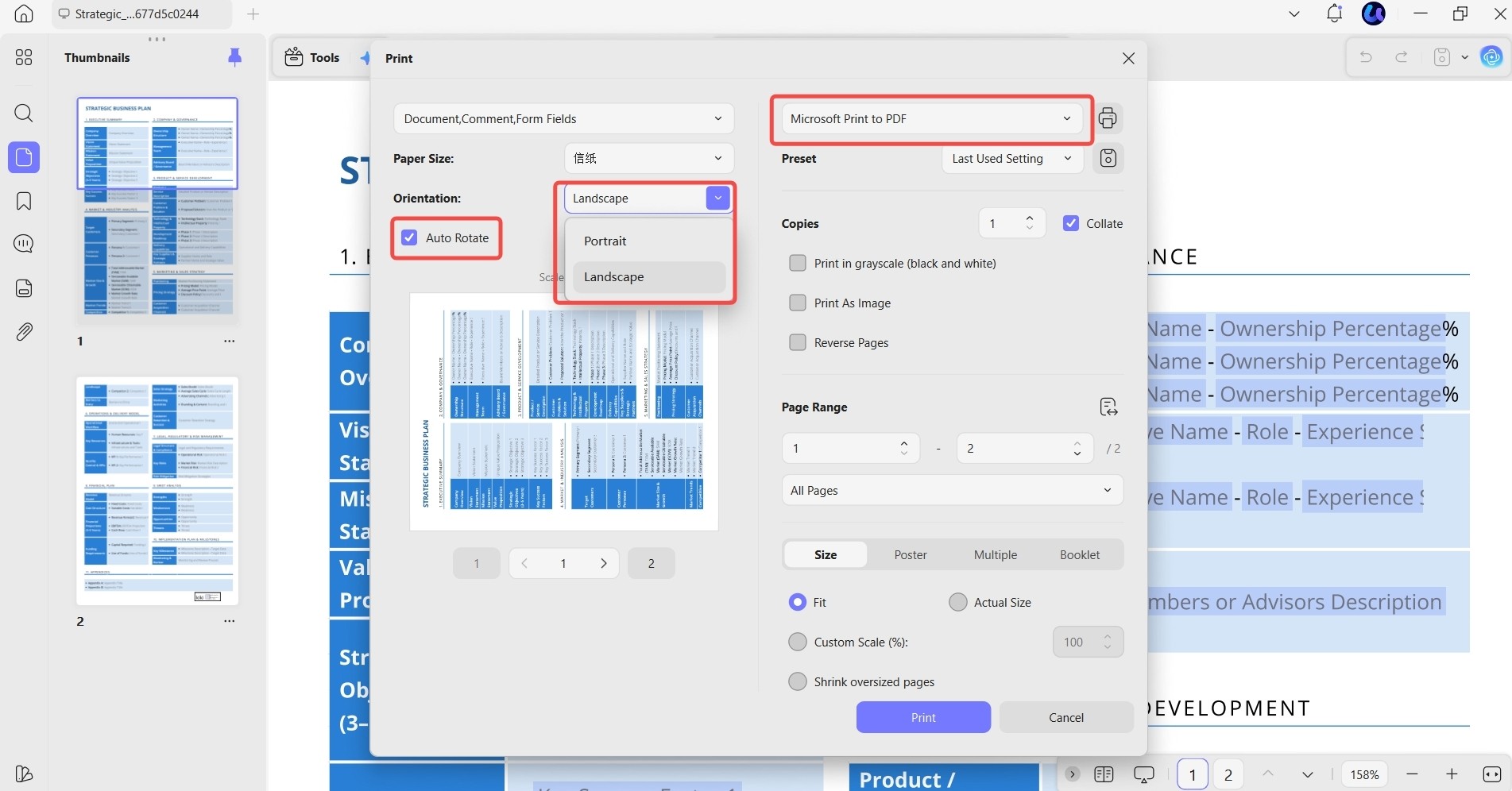 rotate the entire pdf document via print option