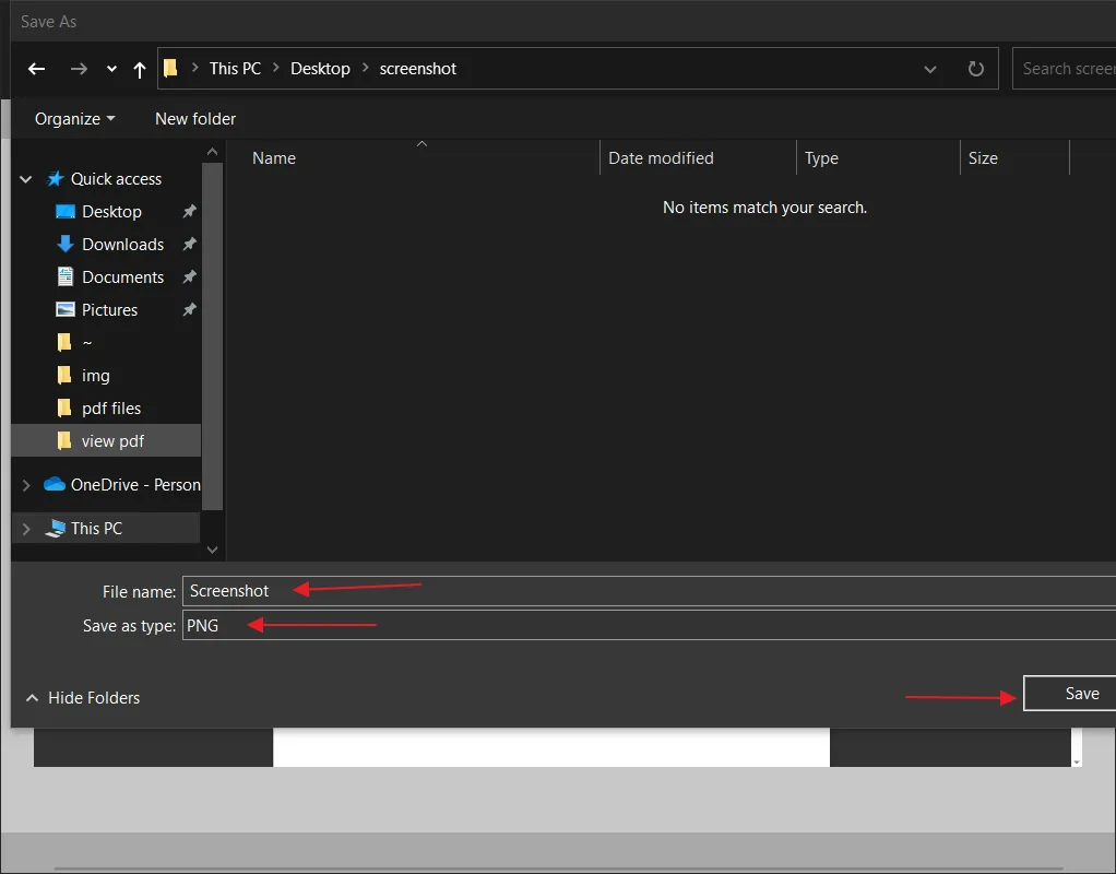 Save screenshot to convert pdf to png windows