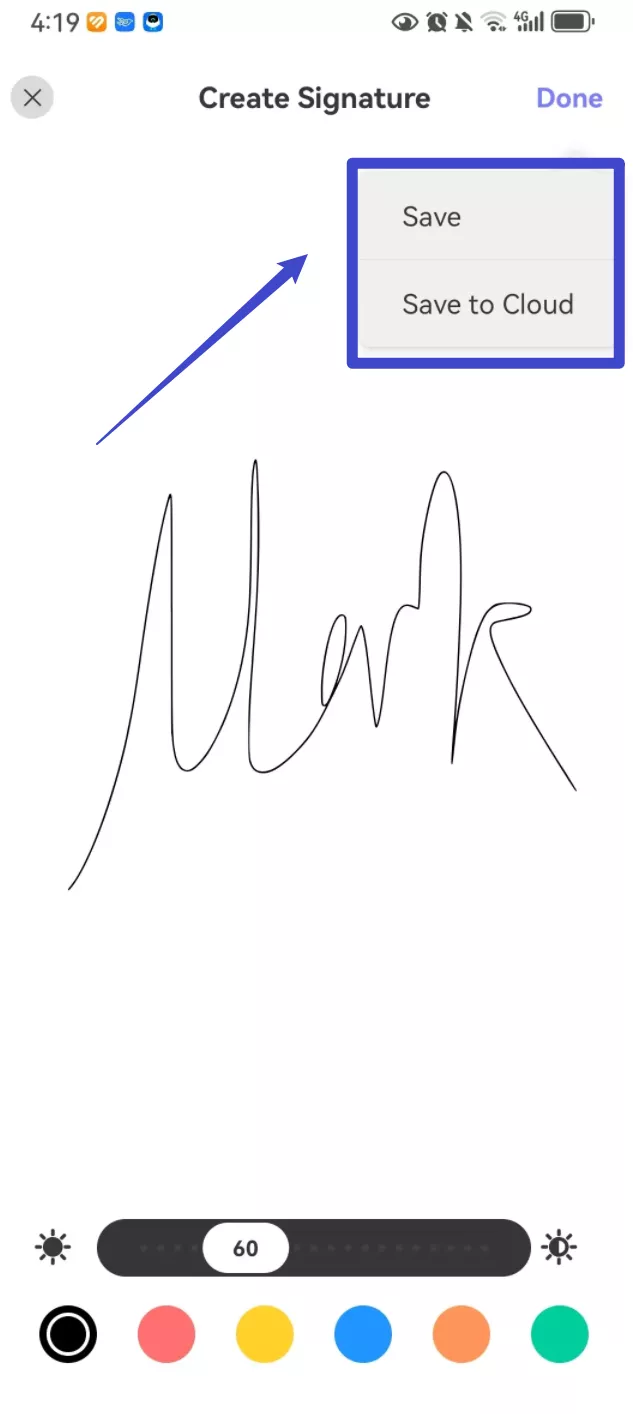 click done button to save the image siganture in updf for android 