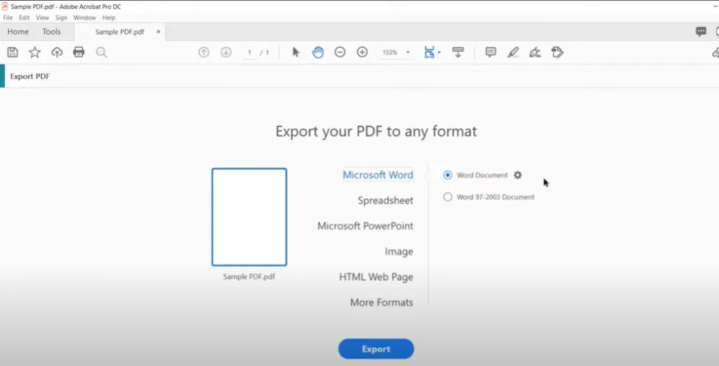 select microsoft word in adobe acrobat