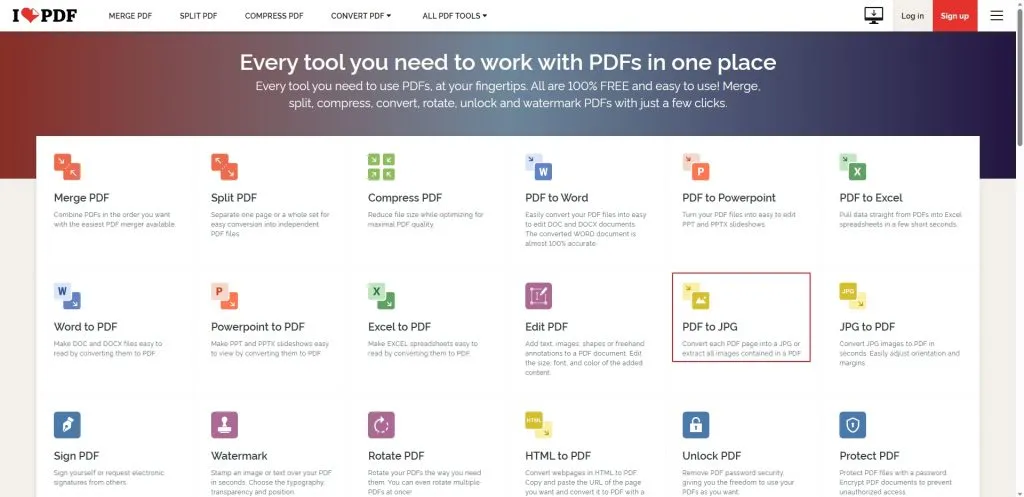 Select PDF to JPG in ilovepdf