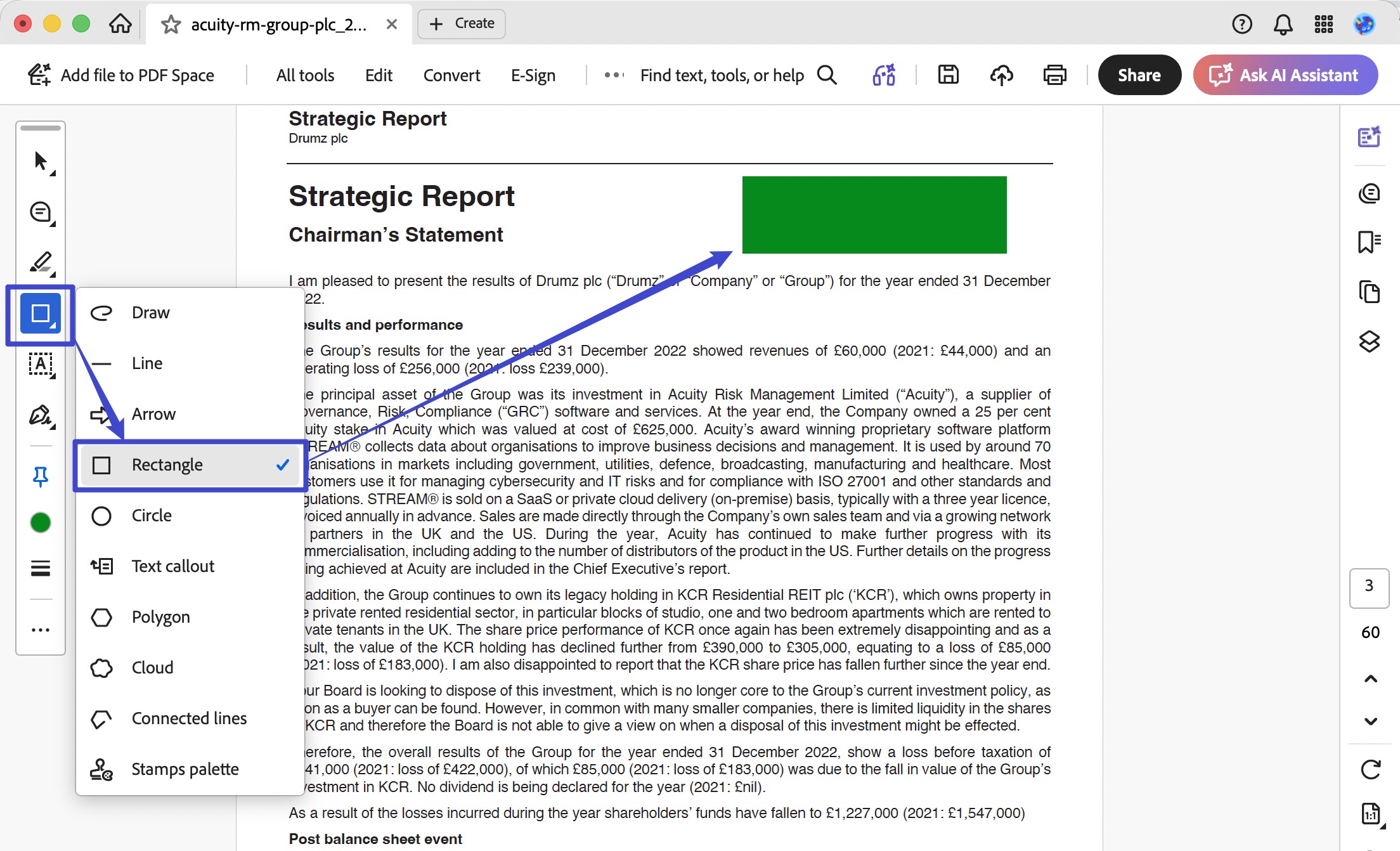 select rectangle and click and drag to apply acrobat