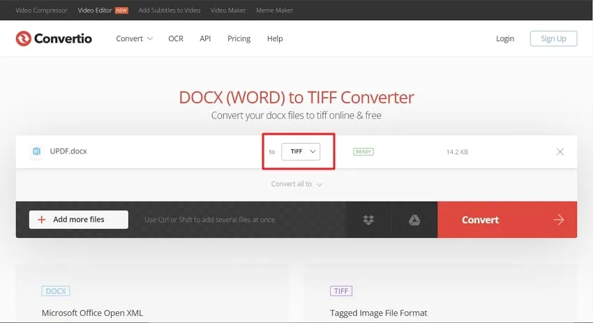 select tiff as output format in convertio