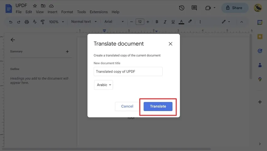 translate pdf english to german hit the translate button in google docs