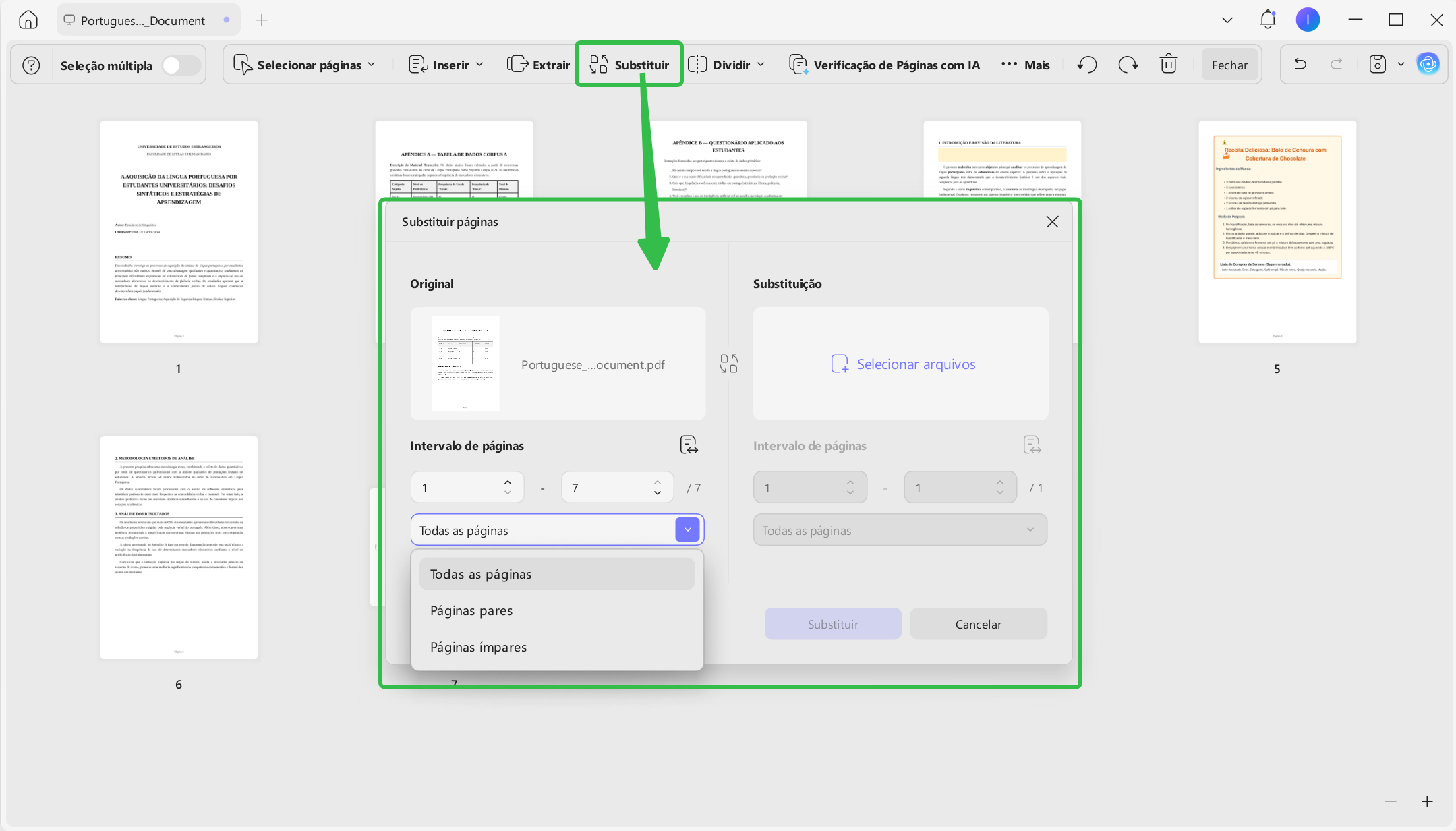 Substituir páginas de PDF com UPDF