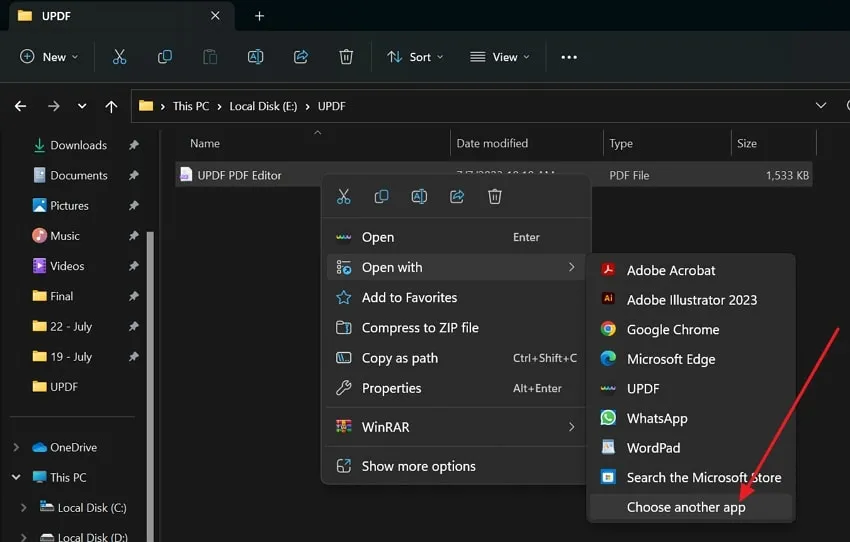 tap on choose another app in windows to open pdf