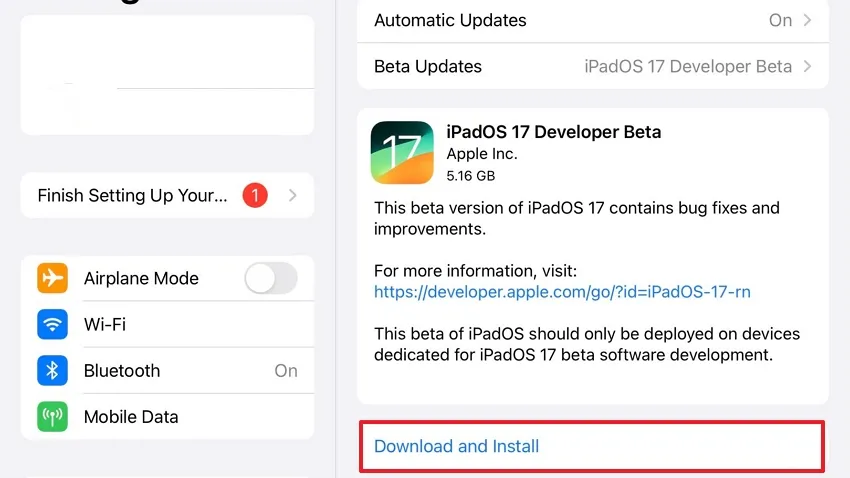 tap on download and install to download ipados 17 developer beta