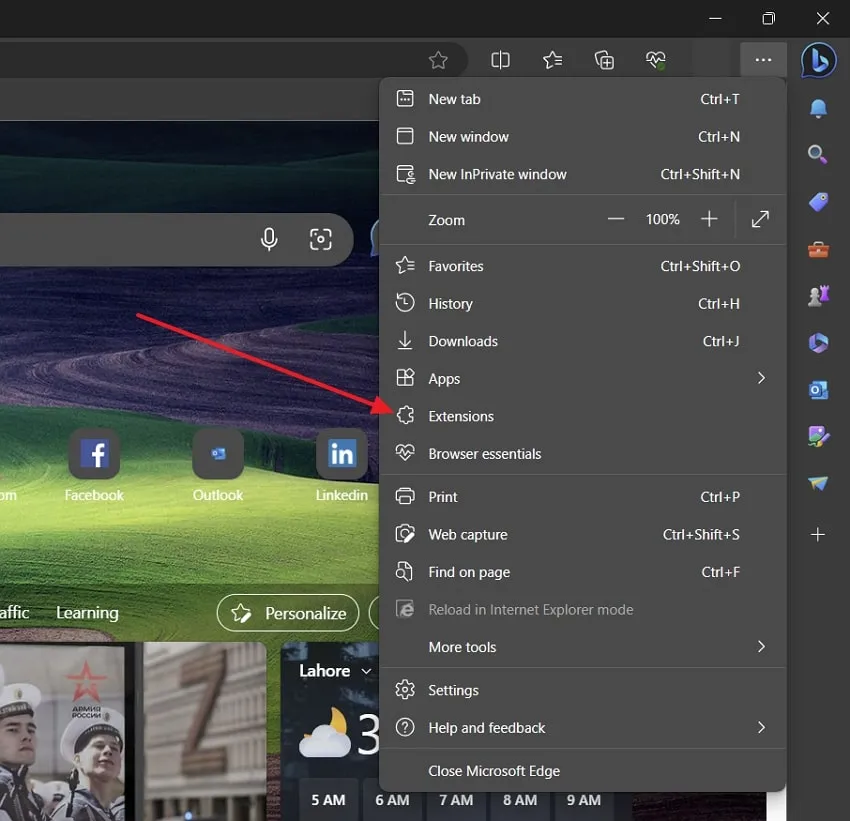 tap on the extensions option in microsoft edge